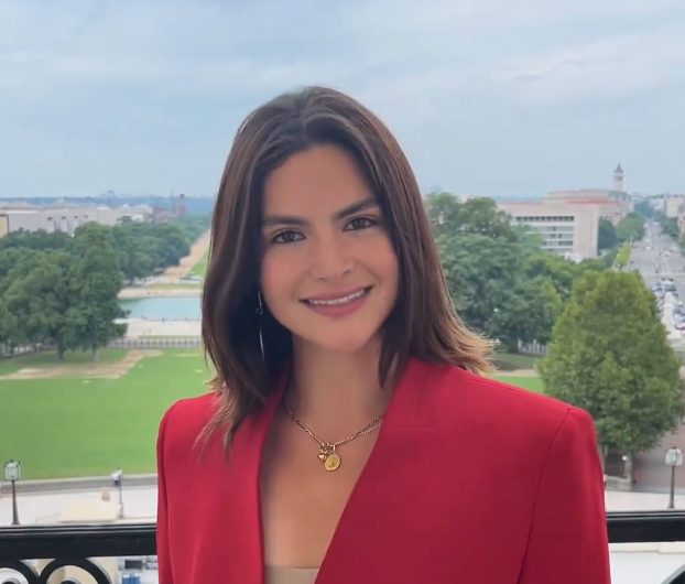 Valentina Gomez, pictured, films a video on the Speaker’s Balcony, which is connected to Speaker Mike Johnson’s office in the US House of Representatives